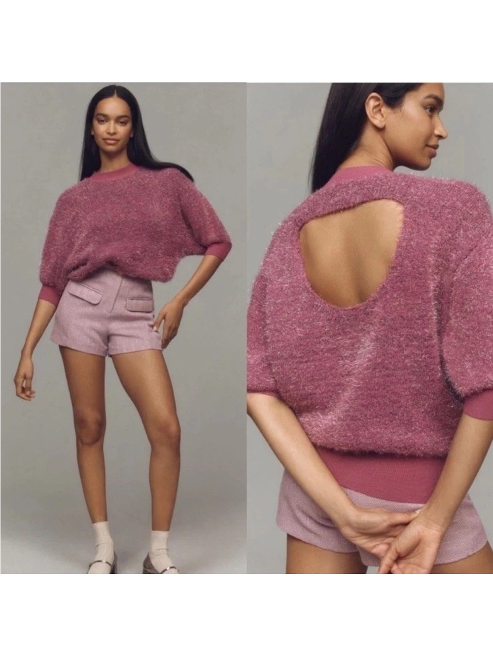 Maeve Anthropologie Violetta Tinsel Sweater XS New NWT Short Sleeve Pink Silver